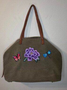 Upcycled Canvas Green Tote Bag with Floral Design